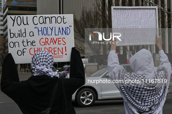 EDMONTON, CANADA - APRIL 21:
Members of the Palestinian diaspora supported by local activists, during the 'March For Gaza' rally, at Violet...