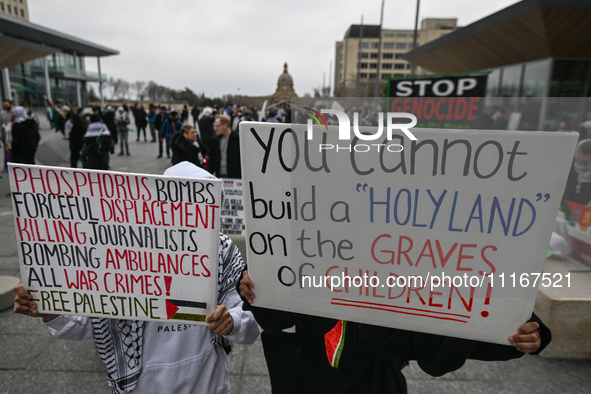 EDMONTON, CANADA - APRIL 21:
Members of the Palestinian diaspora supported by local activists, during the 'March For Gaza' rally, at Violet...