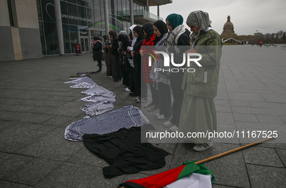 EDMONTON, CANADA - APRIL 21:
Members of the Palestinian diaspora and their supporters gather for a Dhuhr (midday) prayer at Violet King Henr...