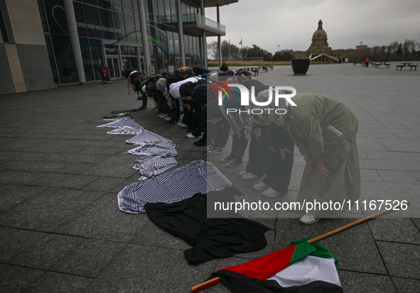 EDMONTON, CANADA - APRIL 21:
Members of the Palestinian diaspora and their supporters gather for a Dhuhr (midday) prayer at Violet King Henr...