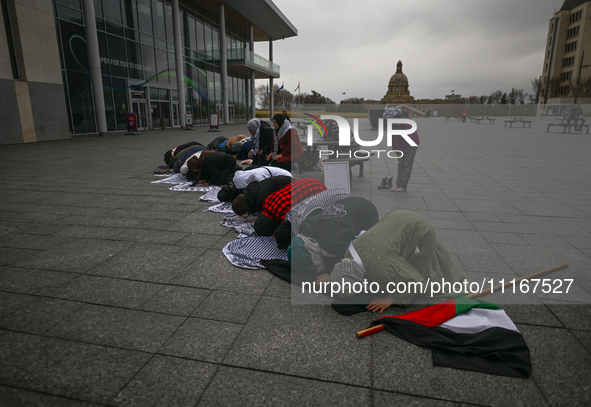 EDMONTON, CANADA - APRIL 21:
Members of the Palestinian diaspora and their supporters gather for a Dhuhr (midday) prayer at Violet King Henr...