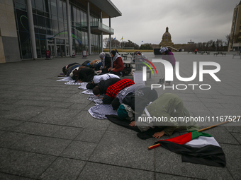 EDMONTON, CANADA - APRIL 21:
Members of the Palestinian diaspora and their supporters gather for a Dhuhr (midday) prayer at Violet King Henr...