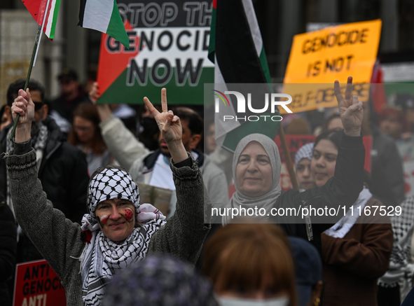 EDMONTON, CANADA - APRIL 21:
Members of the Palestinian diaspora supported by local activists, during the 'March For Gaza' rally, in downtow...