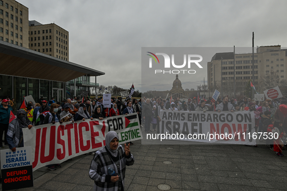 EDMONTON, CANADA - APRIL 21:
Members of the Palestinian diaspora supported by local activists, during the 'March For Gaza' rally, at Violet...