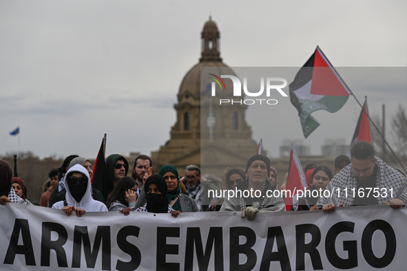 EDMONTON, CANADA - APRIL 21:
Members of the Palestinian diaspora supported by local activists, during the 'March For Gaza' rally, at Violet...