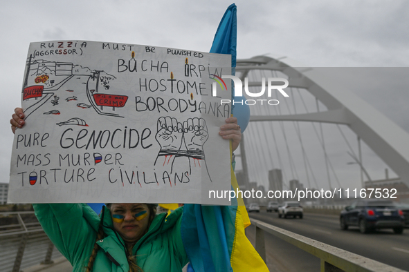 EDMONTON, CANADA - APRIL 21, 2024:
Members of the Ukrainian diaspora proudly wave national flags, hold blue and yellow balloons, and display...