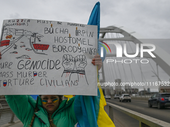 EDMONTON, CANADA - APRIL 21, 2024:
Members of the Ukrainian diaspora proudly wave national flags, hold blue and yellow balloons, and display...