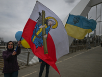 EDMONTON, CANADA - APRIL 21, 2024:
Members of the Ukrainian diaspora proudly wave national flags, hold blue and yellow balloons, and display...