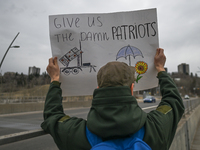 EDMONTON, CANADA - APRIL 21, 2024:
Members of the Ukrainian diaspora proudly wave national flags, hold blue and yellow balloons, and display...