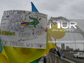 EDMONTON, CANADA - APRIL 21, 2024:
Members of the Ukrainian diaspora proudly wave national flags, hold blue and yellow balloons, and display...