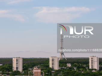 A view of the remains of the tower is being shown, in Kharkiv, Ukraine, on on April 22, 2024. (