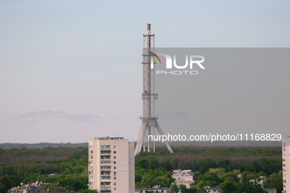 A view of the remains of the tower is being shown, in Kharkiv, Ukraine, on on April 22, 2024. 