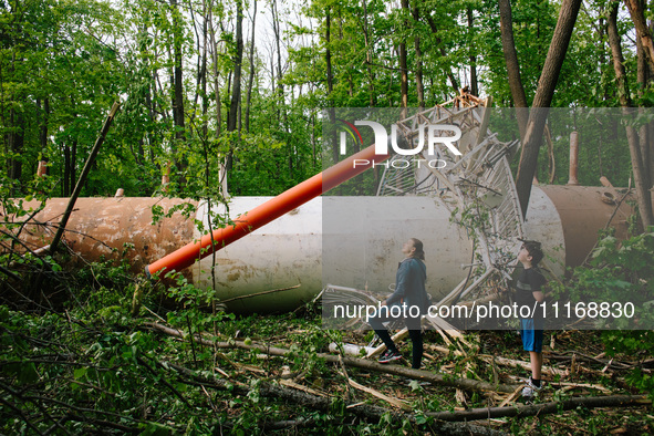 The ruins of the tower are standing in the forest park, in Kharkiv, Ukraine, on on April 22, 2024. 