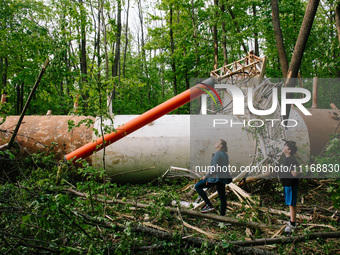 The ruins of the tower are standing in the forest park, in Kharkiv, Ukraine, on on April 22, 2024. (