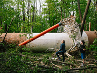 The ruins of the tower are standing in the forest park, in Kharkiv, Ukraine, on on April 22, 2024. (