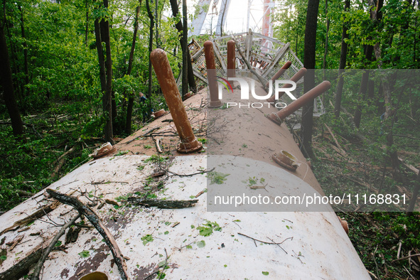 The ruins of the tower are standing in the forest park, in Kharkiv, Ukraine, on on April 22, 2024. 