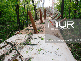 The ruins of the tower are standing in the forest park, in Kharkiv, Ukraine, on on April 22, 2024. (