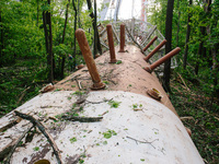 The ruins of the tower are standing in the forest park, in Kharkiv, Ukraine, on on April 22, 2024. (