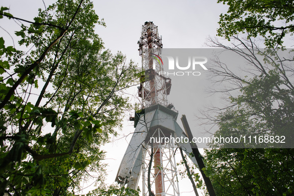 A view of the remains of the tower is being shown, in Kharkiv, Ukraine, on on April 22, 2024. 