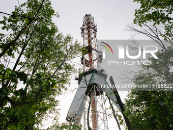 A view of the remains of the tower is being shown, in Kharkiv, Ukraine, on on April 22, 2024. (