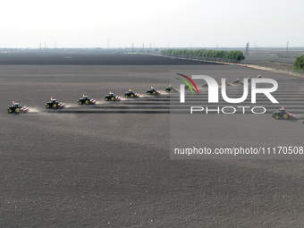 Seeders are lining up to sow seeds at a planting base in Shenyang, Liaoning Province, China, on April 22, 2024. (