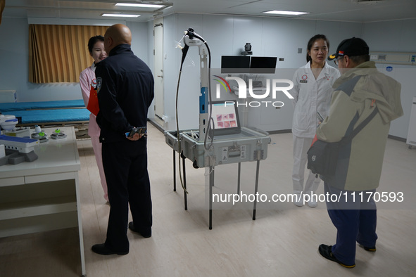 A medical facility inside the Peace Boat is being seen during the ship's Open Day in Shanghai, China, on April 23, 2024. 