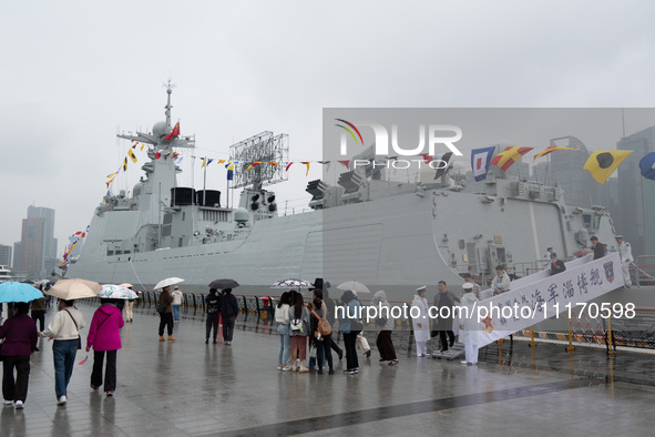 A Chinese naval ship, the Zibo, is on display during the Open Day in Shanghai, China, on April 23, 2024. 