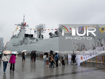 A Chinese naval ship, the Zibo, is on display during the Open Day in Shanghai, China, on April 23, 2024. (