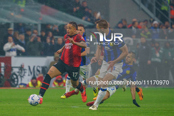 Noah Okafor is playing during the AC Milan versus FC Internazionale Serie A match at Giuseppe Meazza Stadium in Milan, Italy, on April 22, 2...