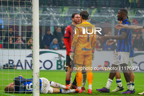 Davide Calabria and Yann Sommer are playing during the AC Milan versus FC Internazionale Serie A match at Giuseppe Meazza Stadium in Milan,...