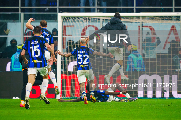 The FC Inter team is celebrating their win against AC Milan during the Serie A match at Giuseppe Meazza Stadium in Milan, Italy, on April 22...