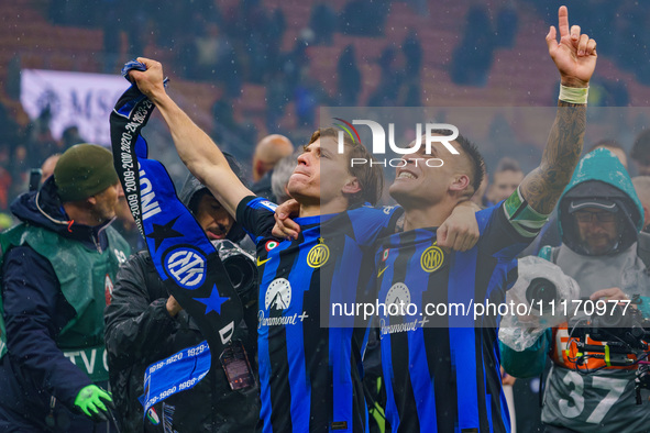 Nicolo Barella and Lautaro Martinez are playing during the AC Milan versus FC Internazionale match in Serie A at Giuseppe Meazza Stadium in...