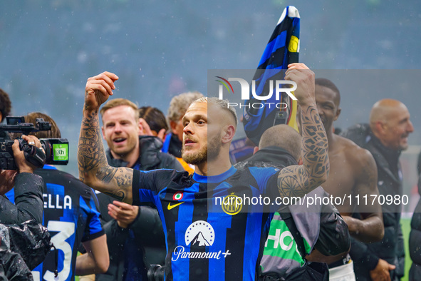 Federico Dimarco is playing during the AC Milan versus FC Internazionale Serie A match at Giuseppe Meazza Stadium in Milan, Italy, on April...