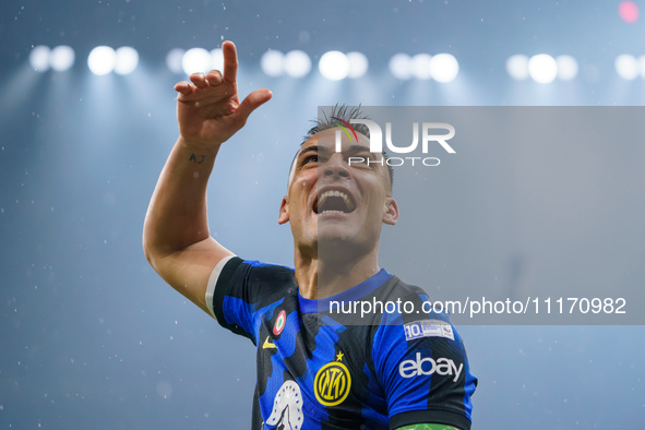 Lautaro Martinez is celebrating a win during the AC Milan versus FC Internazionale match in Serie A at Giuseppe Meazza Stadium in Milan, Ita...