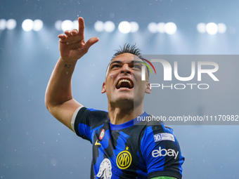 Lautaro Martinez is celebrating a win during the AC Milan versus FC Internazionale match in Serie A at Giuseppe Meazza Stadium in Milan, Ita...