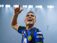 Lautaro Martinez is celebrating a win during the AC Milan versus FC Internazionale match in Serie A at Giuseppe Meazza Stadium in Milan, Ita...