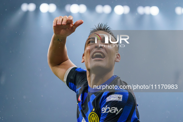 Lautaro Martinez is celebrating a win during the AC Milan versus FC Internazionale match in Serie A at Giuseppe Meazza Stadium in Milan, Ita...