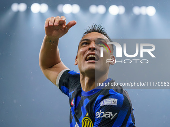 Lautaro Martinez is celebrating a win during the AC Milan versus FC Internazionale match in Serie A at Giuseppe Meazza Stadium in Milan, Ita...