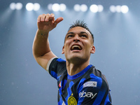 Lautaro Martinez is celebrating a win during the AC Milan versus FC Internazionale match in Serie A at Giuseppe Meazza Stadium in Milan, Ita...