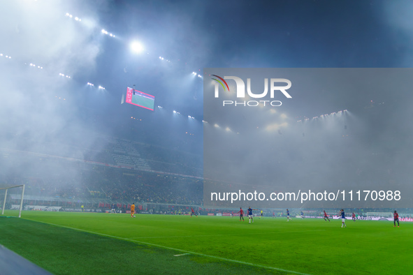 The atmosphere is electric at the San Siro Stadium during the match between AC Milan and FC Internazionale for Serie A at Giuseppe Meazza St...