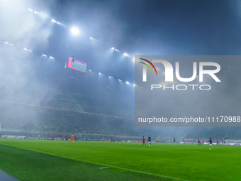 The atmosphere is electric at the San Siro Stadium during the match between AC Milan and FC Internazionale for Serie A at Giuseppe Meazza St...