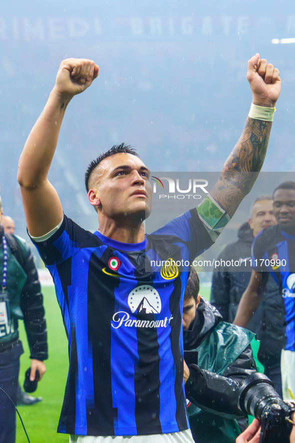 Lautaro Martinez is celebrating a win during the AC Milan versus FC Internazionale match in Serie A at Giuseppe Meazza Stadium in Milan, Ita...