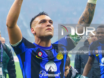 Lautaro Martinez is celebrating a win during the AC Milan versus FC Internazionale match in Serie A at Giuseppe Meazza Stadium in Milan, Ita...