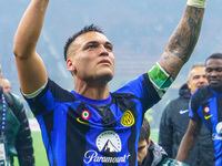 Lautaro Martinez is celebrating a win during the AC Milan versus FC Internazionale match in Serie A at Giuseppe Meazza Stadium in Milan, Ita...