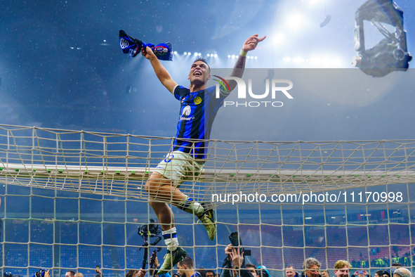 Lautaro Martinez is celebrating the championship during the AC Milan versus FC Internazionale match in Serie A at Giuseppe Meazza Stadium on...