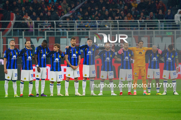 The FC Internazionale team is playing against AC Milan in a Serie A match at Giuseppe Meazza Stadium in Milan, Italy, on April 22, 2024. 