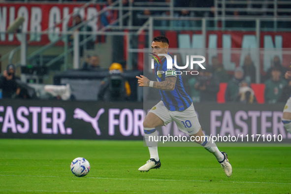 Lautaro Martinez is playing for FC Internazionale against AC Milan in a Serie A match at Giuseppe Meazza Stadium in Milan, Italy, on April 2...