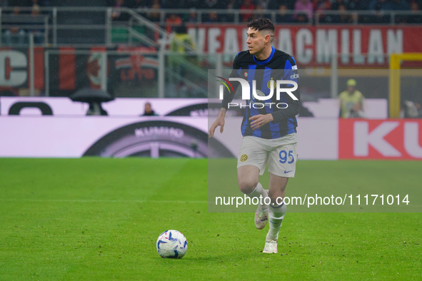 Alessandro Bastoni is playing during the AC Milan versus FC Internazionale Serie A match at Giuseppe Meazza Stadium in Milan, Italy, on Apri...