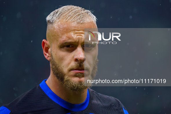 Federico Dimarco is playing during the AC Milan versus FC Internazionale Serie A match at Giuseppe Meazza Stadium in Milan, Italy, on April...