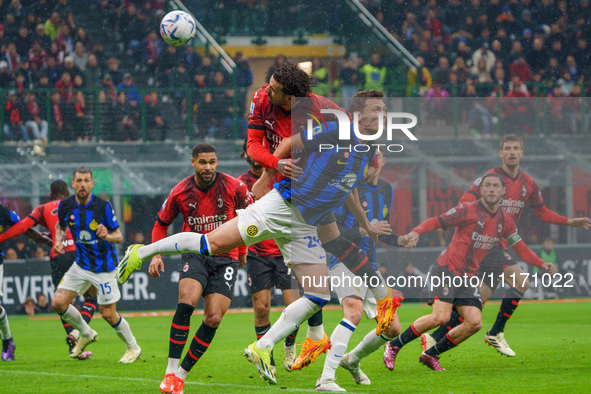 Benjamin Pavard is playing during the AC Milan versus FC Internazionale Serie A match at Giuseppe Meazza Stadium on April 22, 2024. 